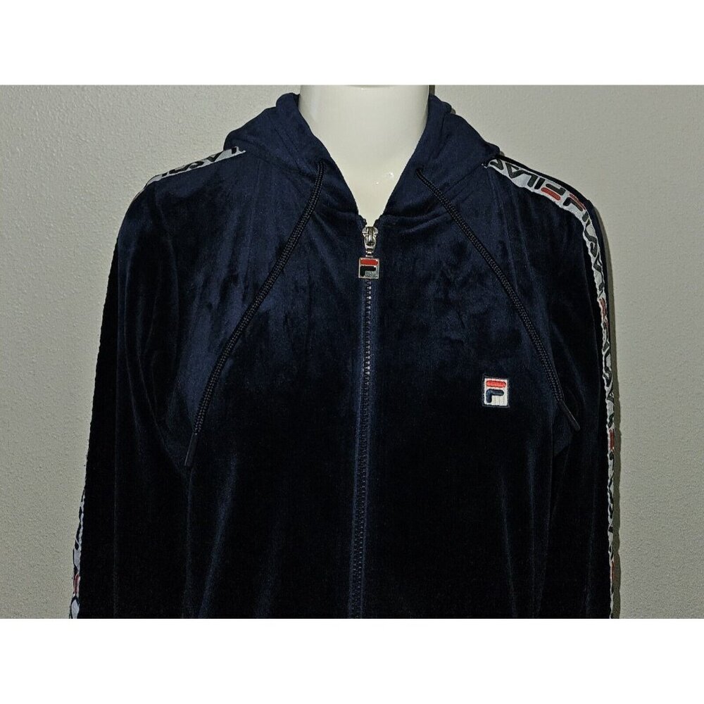 Fila Navy Blue Velour Full Zip Logo Tape Sleeve Stripe Track Jacket Women Medium - Picture 2 of 11